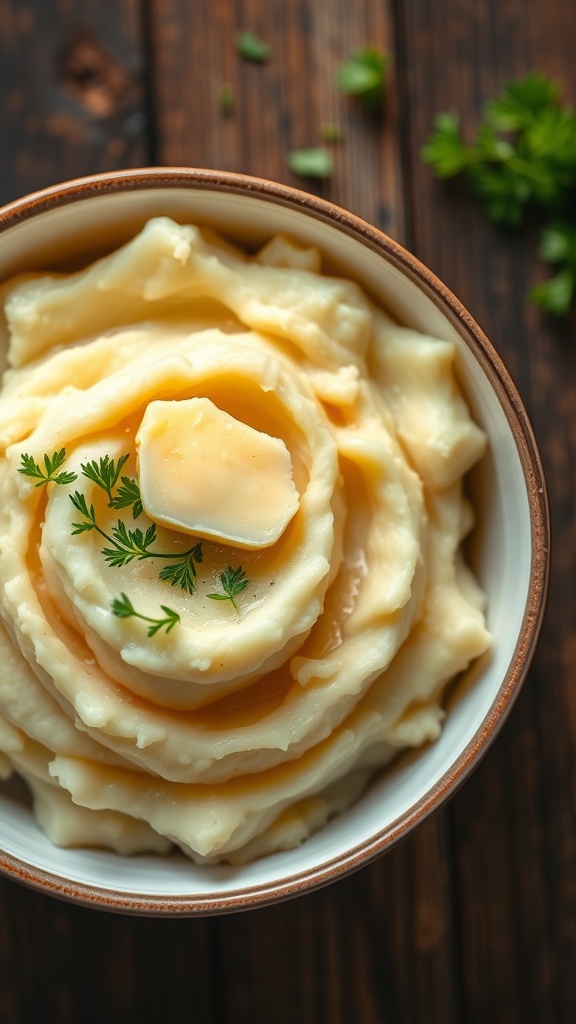 A bowl of creamy mashed potatoes with parsley garnish, on a rustic table with melted butter.